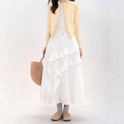 Women's High-Waist Slimming Tiered Midi Skirt - Asymmetric White Skirt