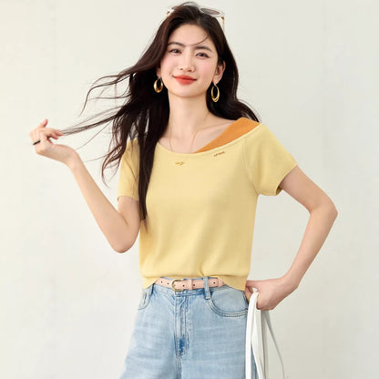 Chic Color-Blocking Knit Short Sleeve Top - Elegant Letter Embroidery Tee