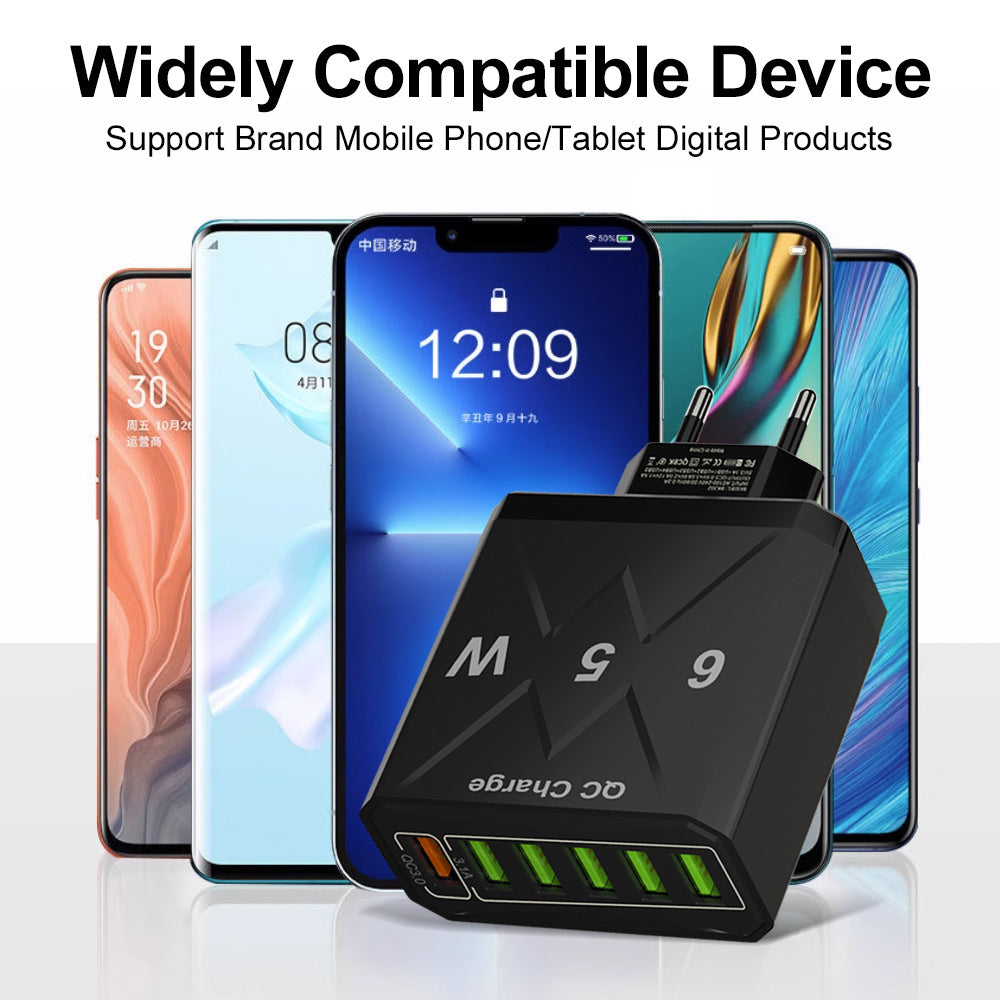 65W 6-Port Fast Wall Charger - Multi-Port USB Travel Charging Head Adapter