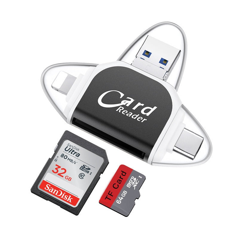 4-in-1 Plug and Play SD/TF Memory Card Reader - Multi-Port OTG Adapter for iPhone, Android & PC