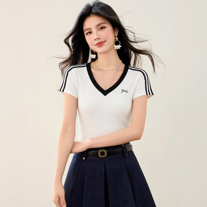White V-Neck Bow Tie Knit T-Shirt - Waist-Cinching Short Sleeve Top