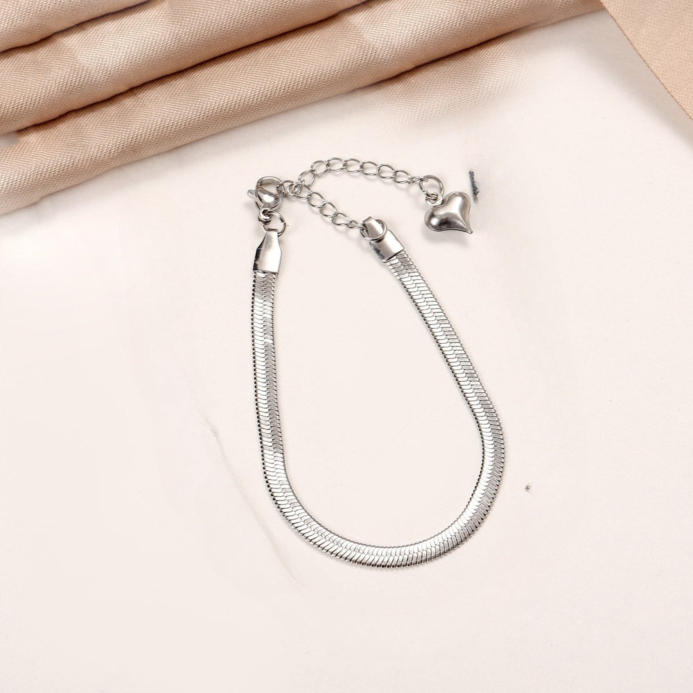 Minimalist Herringbone Flat Chain Heart Charm Bracelet for Women