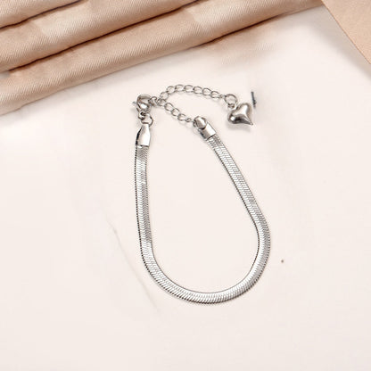 Minimalist Herringbone Flat Chain Heart Charm Bracelet for Women