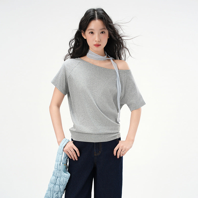 Elegant Loose Fit Off-the-Shoulder Top with Neck Strap for Women