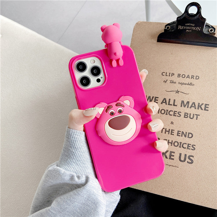 Cute 3D Lying Strawberry Bear Silicone Phone Case for iPhone 16 15 14 13 12 Pro Max - Soft Cartoon Cover
