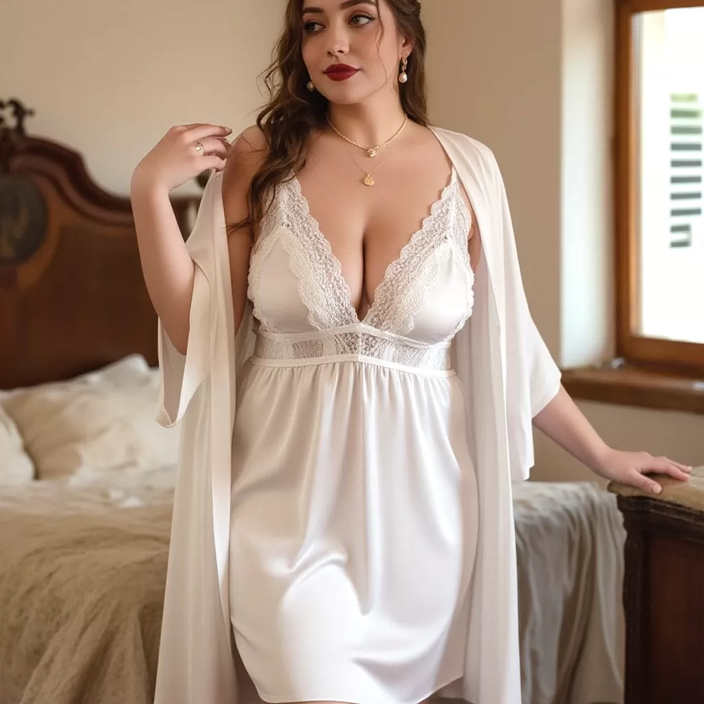 Plus Size Ice Silk Lace Nightgown Set - Women's Sexy Backless Sleepwear with Chest Pads