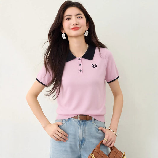 Women's Polo Neck Pink Knitted T-Shirt - Slim Fit Straight Shoulder Top