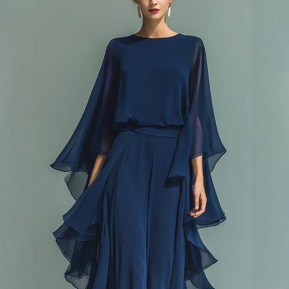 Women's Elegant Deep Blue Ruffle Wide-Leg Pants Set - Two-Piece Long Sleeve Outfit