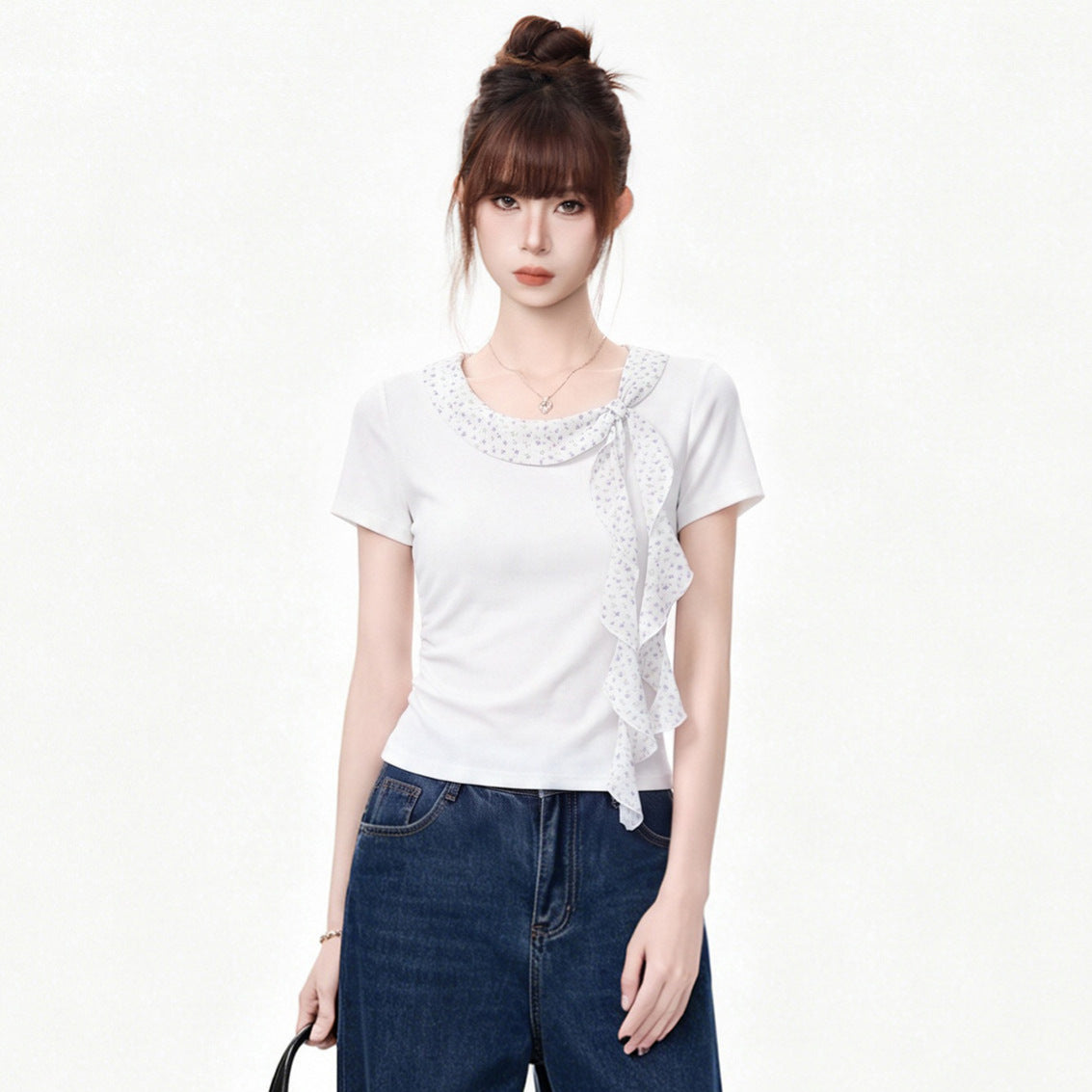 Women's Elegant Pleated Waist Cinched T-Shirt with Ruffle Polka Dot Collar