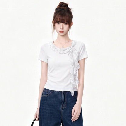 Women's Elegant Pleated Waist Cinched T-Shirt with Ruffle Polka Dot Collar