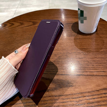 Electroplated Magnetic Leather Wallet Flip Case with Card Holder for iPhone 16 15 14 Pro Max - Clear Back Cover