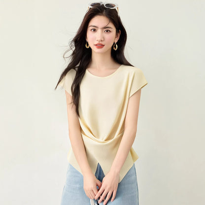 Women's Irregular Hem Knit Top - Elegant Side Button Short Sleeve Sweater