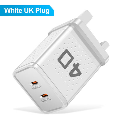 Dual Port Type-C Fast Charging Adapter - 40W Portable Travel Wall Charger