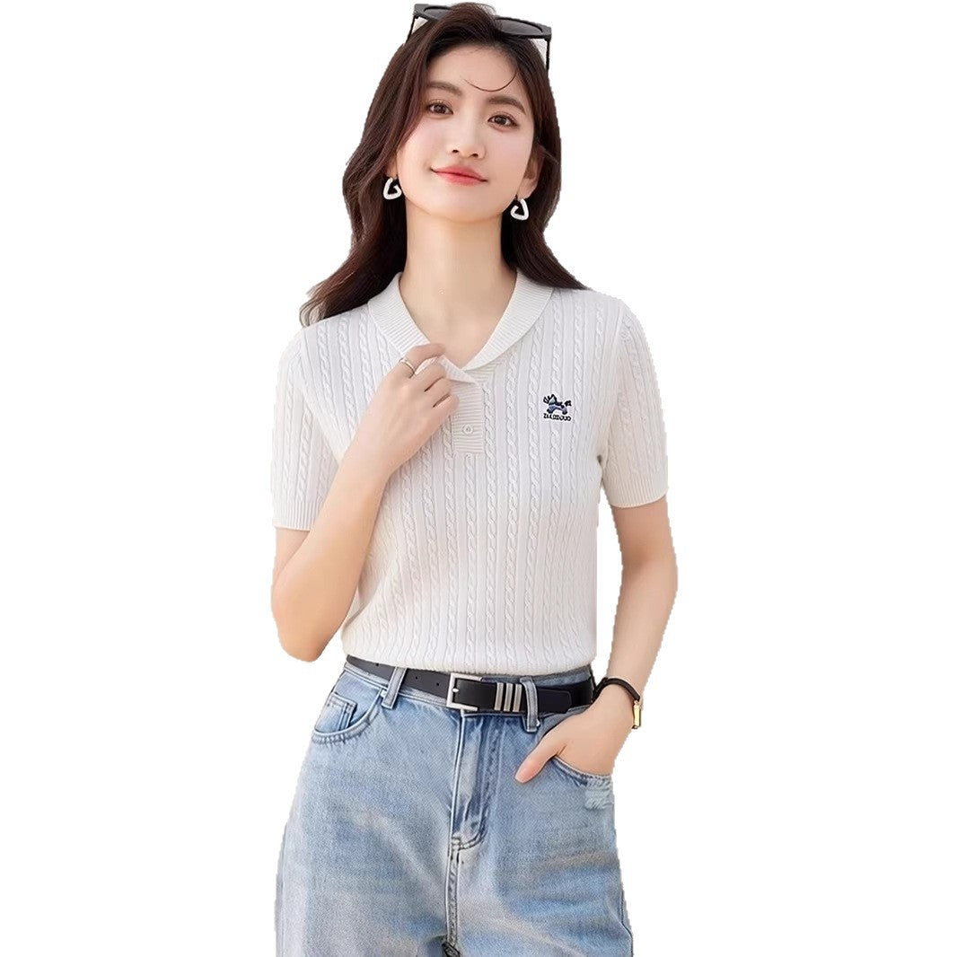 Elegant Flip Collar Cable Knit Blouse - Slim Fit Casual Top for Women