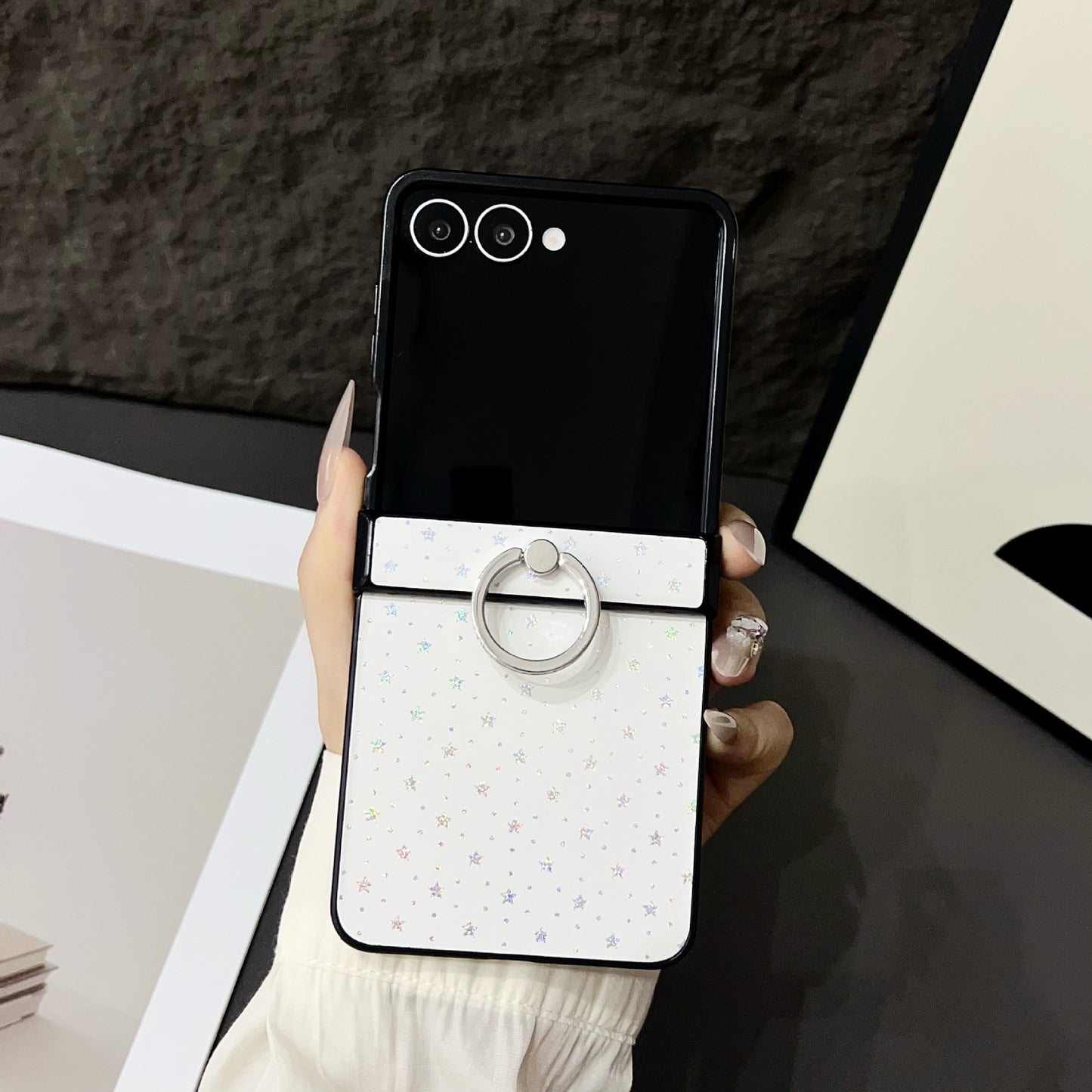 Glitter Star Pattern Leather Case with Metal Ring Holder for Samsung Galaxy Z Flip 6 5 4 - Slim Shockproof Cover