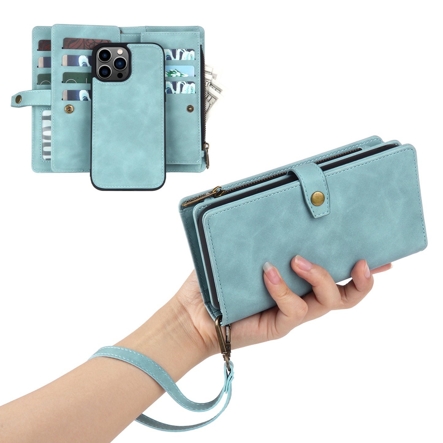 Multi-Card Slot Leather Flip Wallet Case for iPhone 15 14 13 12 Pro Max - Zipper Pocket Cover with Wristlet