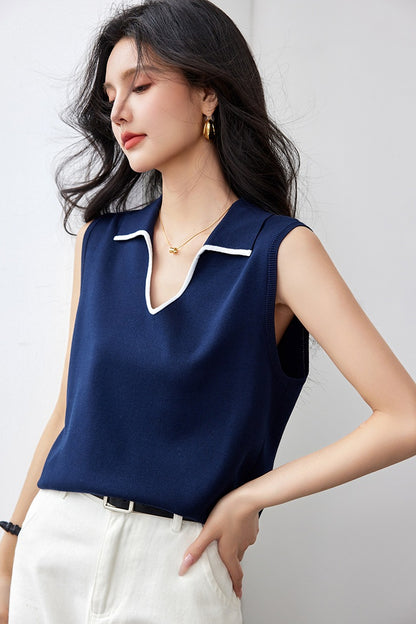 Elegant V-Neck Polo Knit Vest - Versatile Shoulder Cover Top for Women