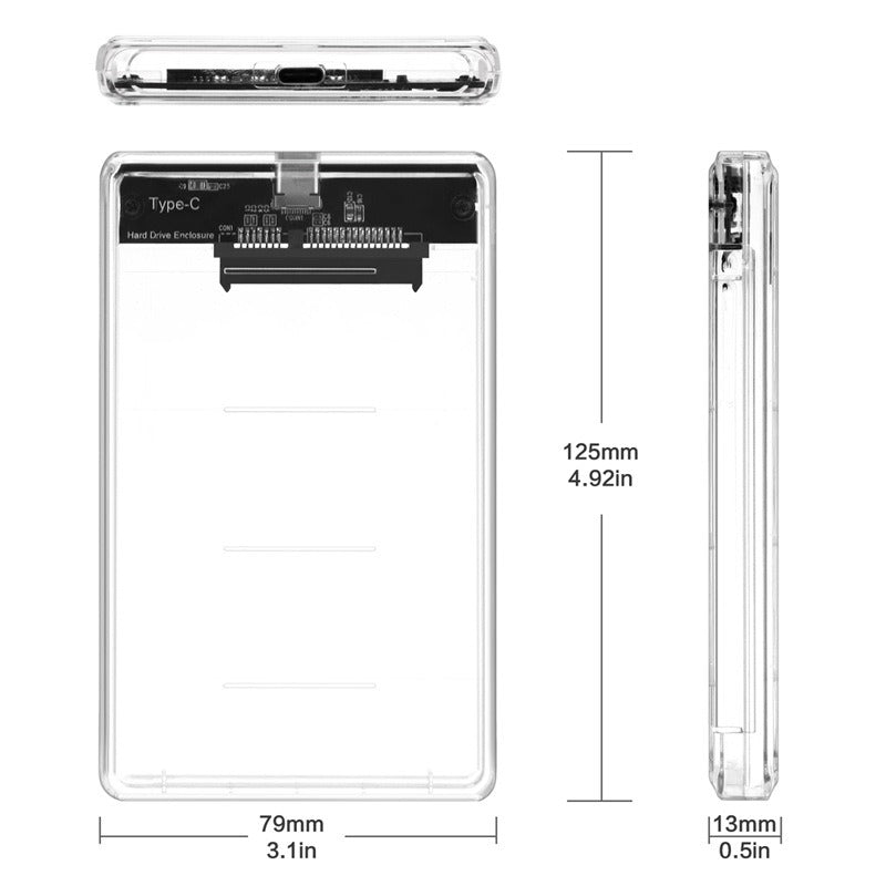 USB 3.0 & Type-C Portable Hard Drive Box - 2.5 Inch Clear SATA Enclosure Adapter