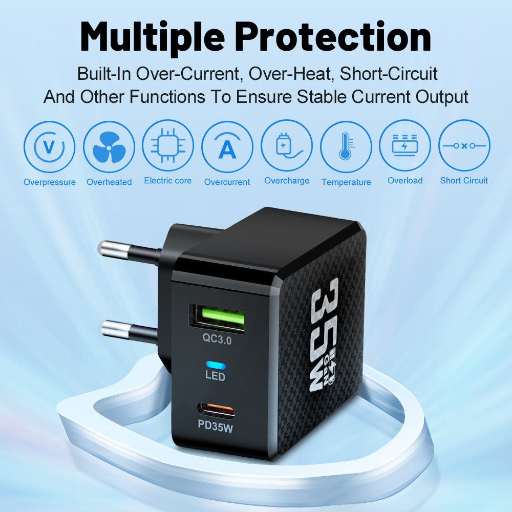 35W GaN Fast Wall Charger - QC3.0 & PD Dual-Port Power Adapter for Smartphones