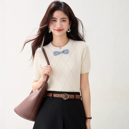 Elegant Bow Tie Knitwear - Regular Shoulder Fitted Top for Women