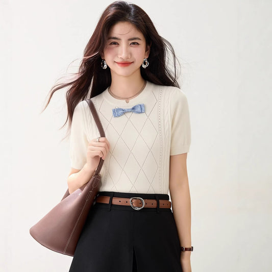 Elegant Bow Tie Knitwear - Regular Shoulder Fitted Top for Women