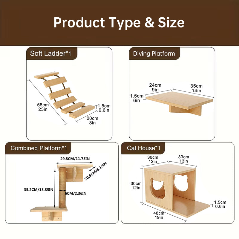 Wall Mounted Cat Climbing Shelf Set - Wooden Cat Condo, Bridges, Platforms & Scratching Post