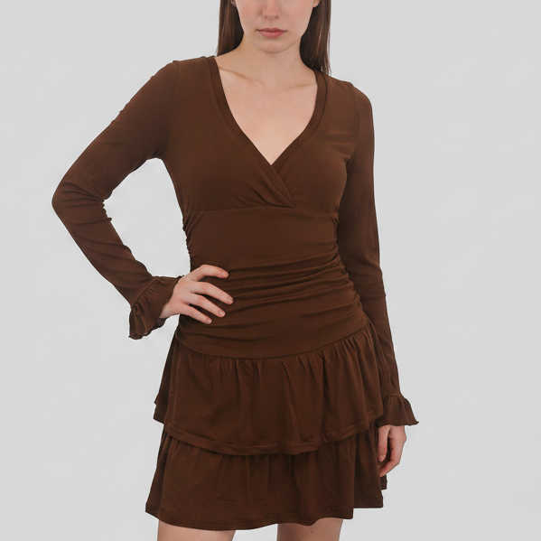 Vintage Brown Multi-Layered Ruffle Mini Dress – Elegant V-Neck Long Sleeve Party Dress