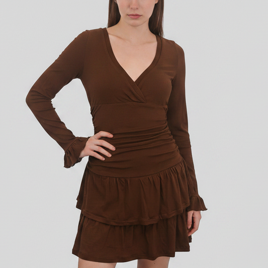 Vintage Brown Multi-Layered Ruffle Mini Dress – Elegant V-Neck Long Sleeve Party Dress