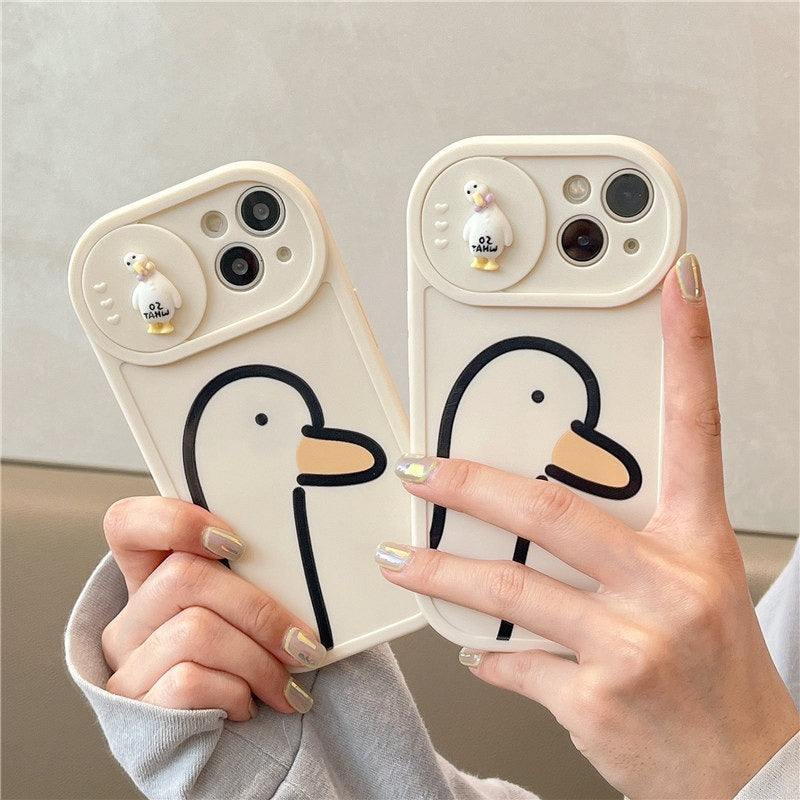 Cute Cartoon Duck Phone Case with Sliding Camera Lens Protection Cover for iPhone
