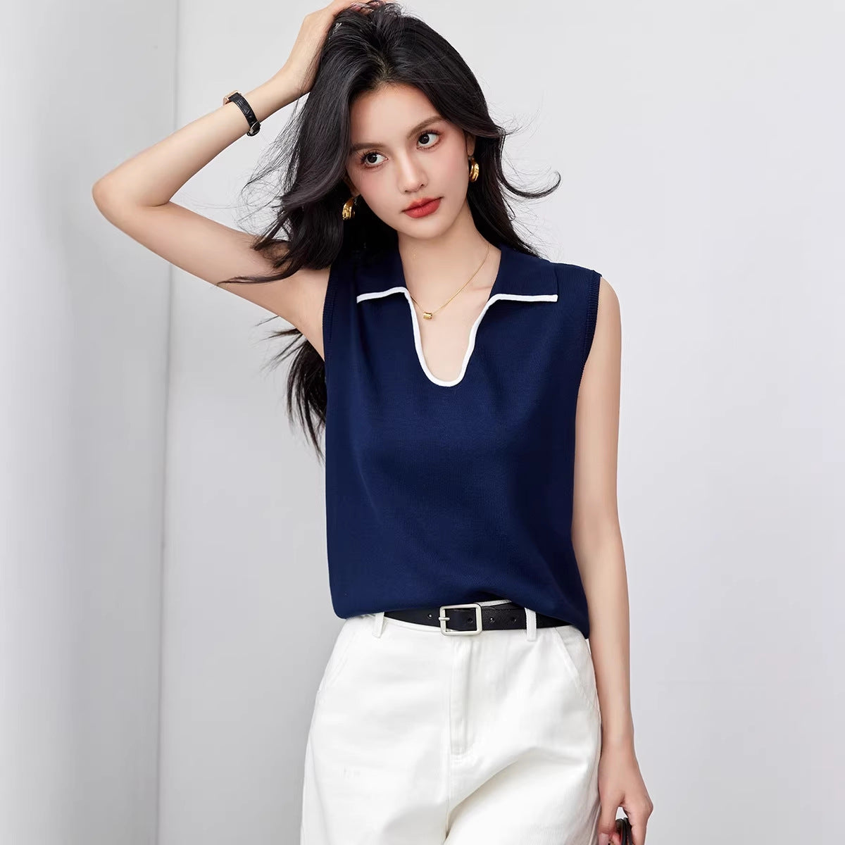 Elegant V-Neck Polo Knit Vest - Versatile Shoulder Cover Top for Women