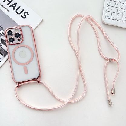 Electroplated Transparent Magnetic Lanyard Phone Case - Crossbody Shockproof Protective Cover for iPhone