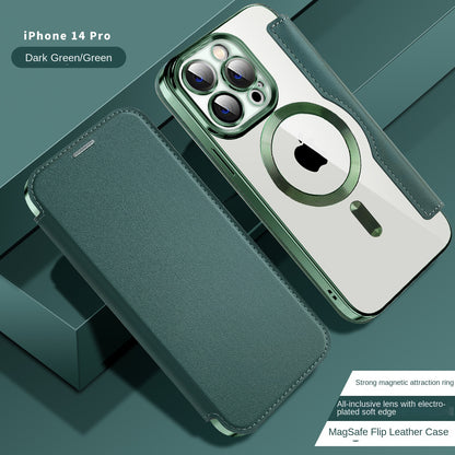 Electroplated Magnetic Leather Wallet Flip Case with Card Holder for iPhone 16 15 14 Pro Max - Clear Back Cover