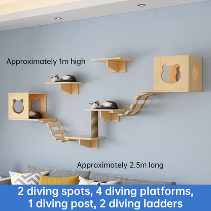 Wall Mounted Cat Climbing Shelf Set - Wooden Cat Condo, Bridges, Platforms & Scratching Post