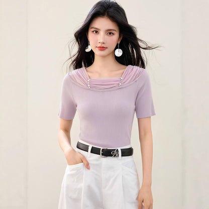 Women's Lace Spliced Off-Shoulder Knit Top - Slim Fit Short Sleeve Blouse