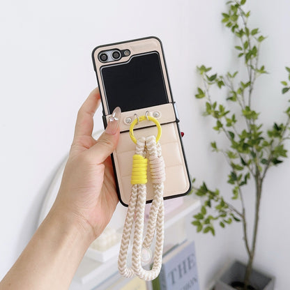 Korean Style Quilted Leather Case with Braided Hand Strap for Samsung Galaxy Z Flip 6 5 4 3 - Stylish Foldable Cover
