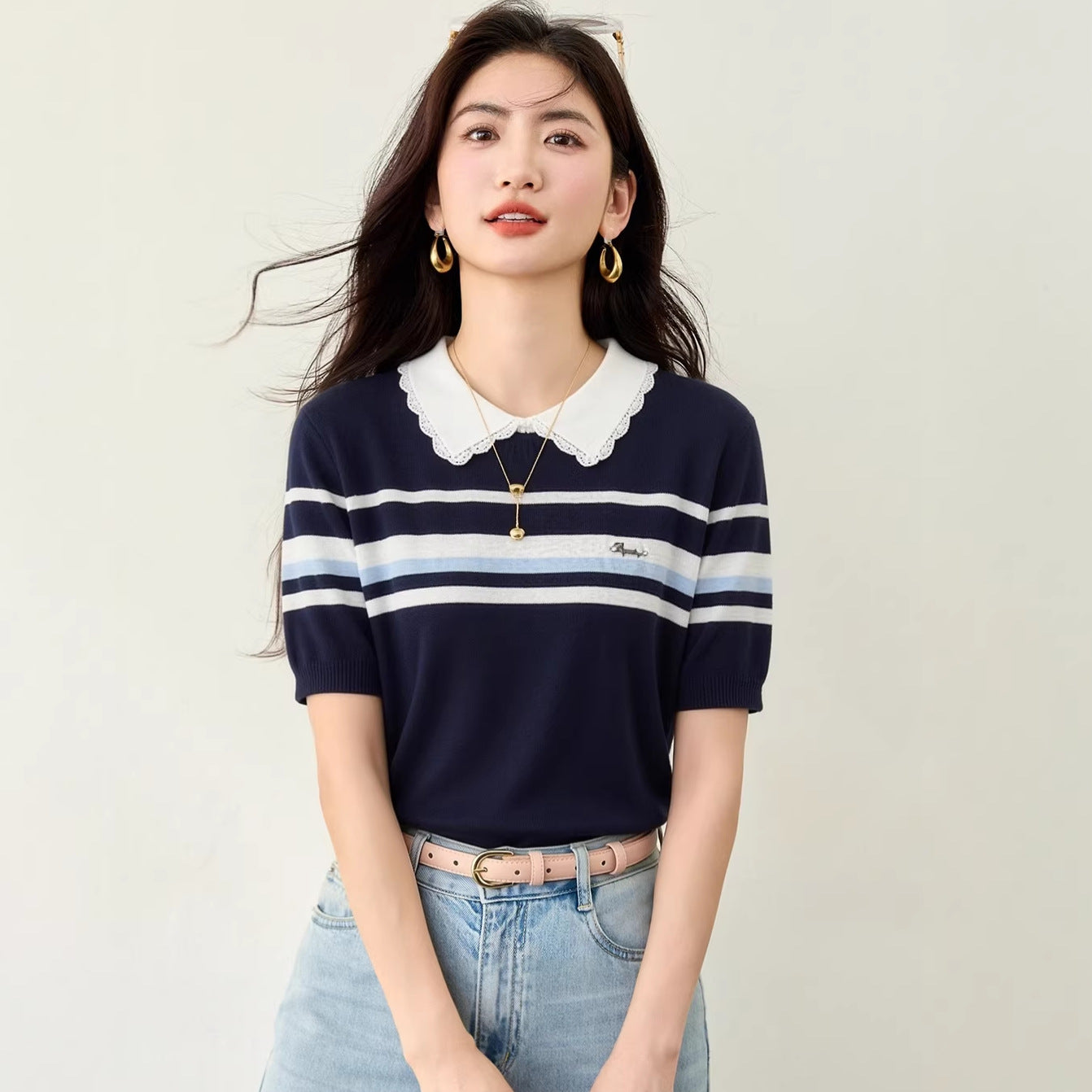 Women's Color-Blocking Stripe Knit Top - Casual Short Sleeve Workwear Shirt