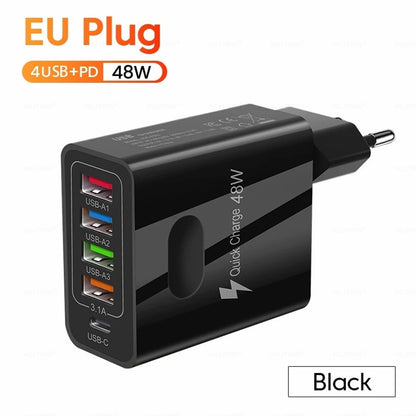 48W 5-in-1 Multi-Port Wall Charger - 4 USB & PD Fast Charging Adapter