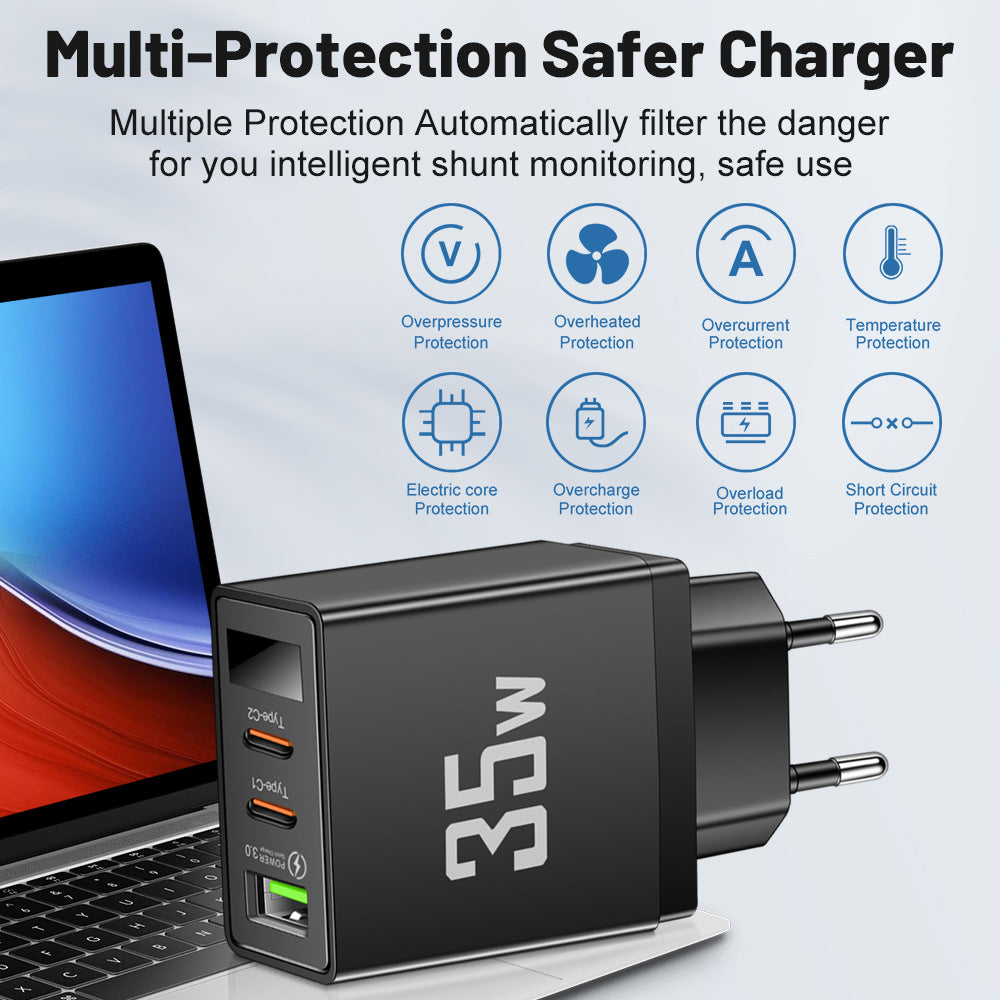 35W 3-Port Fast Wall Charger - 1 USB & 2 Type-C Intelligent Digital Display Power Adapter