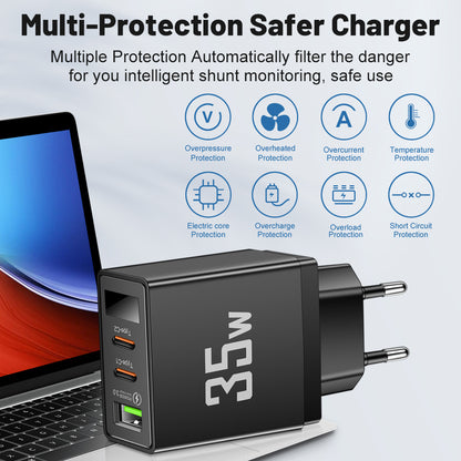 35W 3-Port Fast Wall Charger - 1 USB & 2 Type-C Intelligent Digital Display Power Adapter