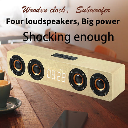 Wooden Bluetooth Soundbar Speaker - Portable Wireless Home Theater Subwoofer with Alarm Clock & FM Radio