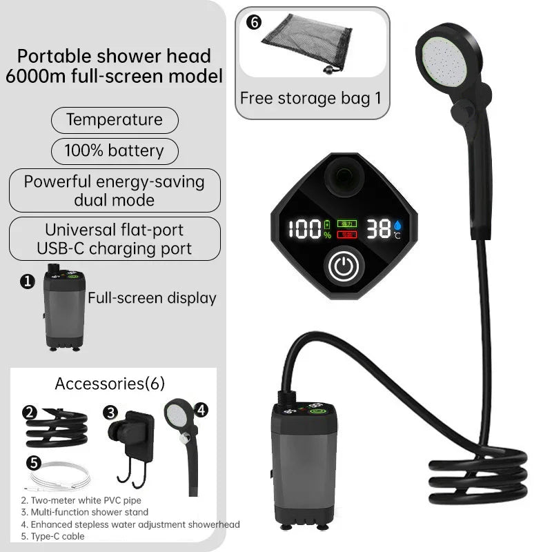 Portable shower head with digital display, adjustable modes, USB-C charging, and accessories.
