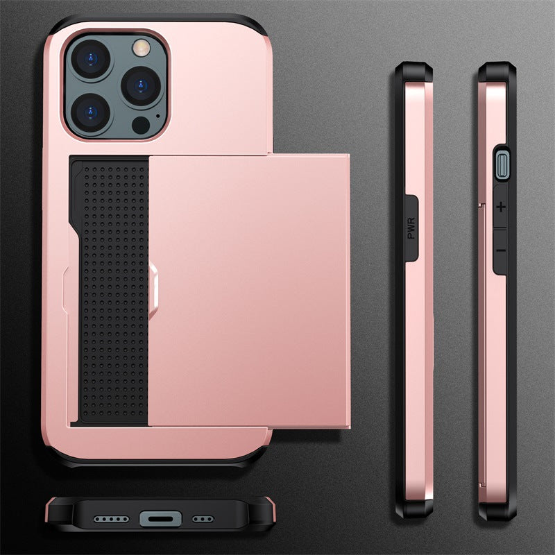 Sliding Card Holder Case for iPhone 14 13 12 Pro - Hidden Wallet Slot Anti-Drop Armor Cover