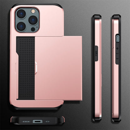Sliding Card Holder Case for iPhone 14 13 12 Pro - Hidden Wallet Slot Anti-Drop Armor Cover