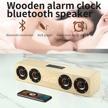 Wooden Bluetooth Soundbar Speaker - Portable Wireless Home Theater Subwoofer with Alarm Clock & FM Radio