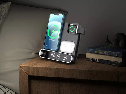 4-in-1 15W Fast Wireless Charging Station - Multifunctional Desk Clock with Phone, Watch & Earphone Charger