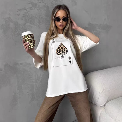 Trendy Loose Round Neck Card Graphic Tee for Women