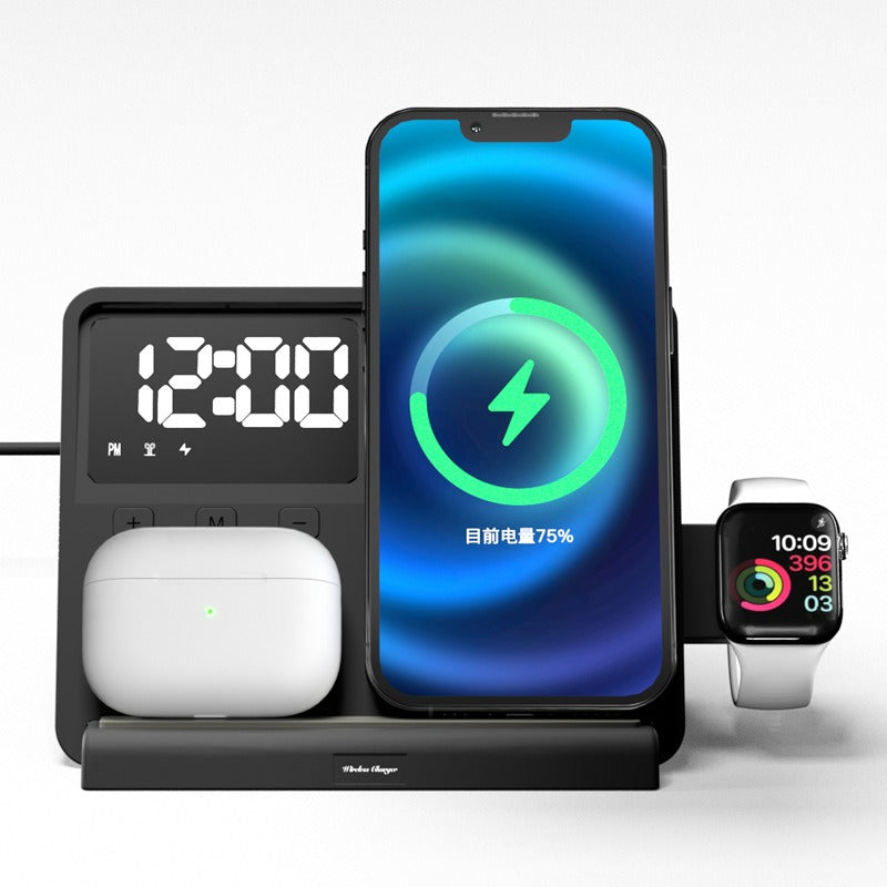 3-in-1 Fast Wireless Charging Station with Digital Alarm Clock - Multi-Device Desk Charger Stand