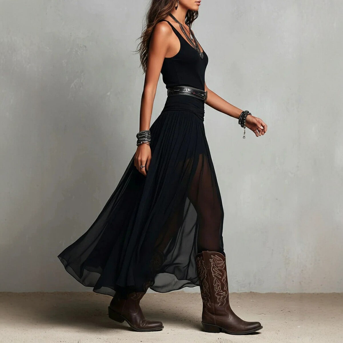 Boho Style Spaghetti Strap Black Mesh Dress - Elegant Flowing Maxi Dress
