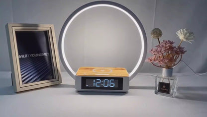 Modern Touch LED Bedside Lamp with Wireless Charger & Digital Alarm Clock - Wood Grain Night Light