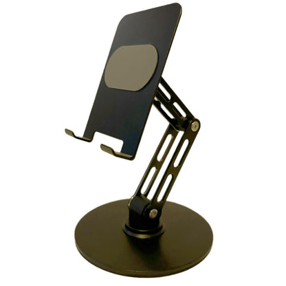 Executive Wooden Base Aluminum Phone Stand - 360 Rotating Foldable Desktop Holder for iPhone & Tablets
